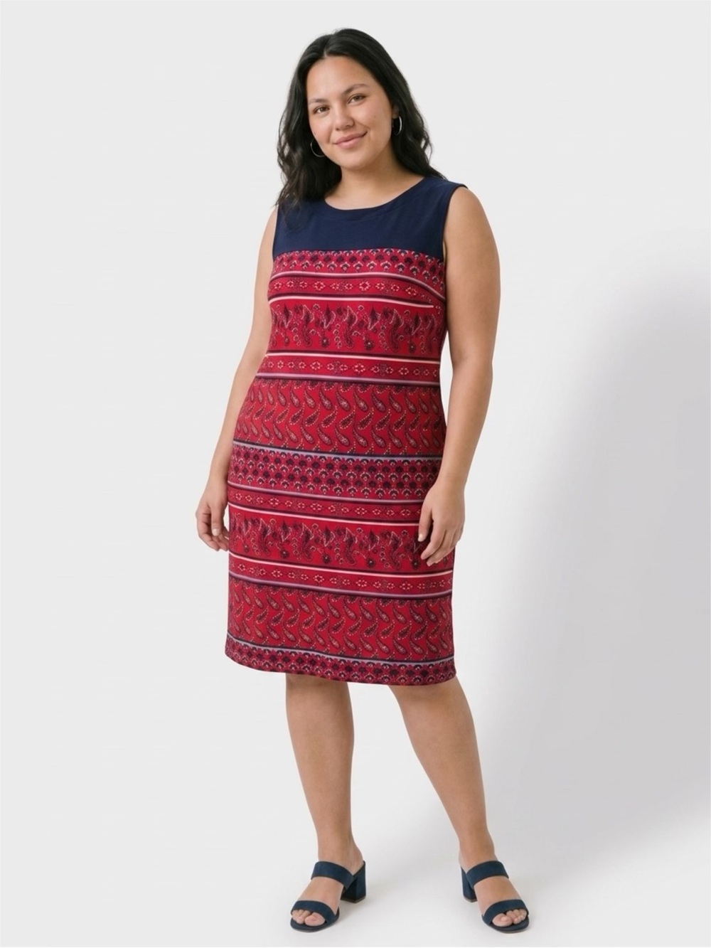 Kim Rogers Navy Bodice Red Patterned Midi Sheath Dress